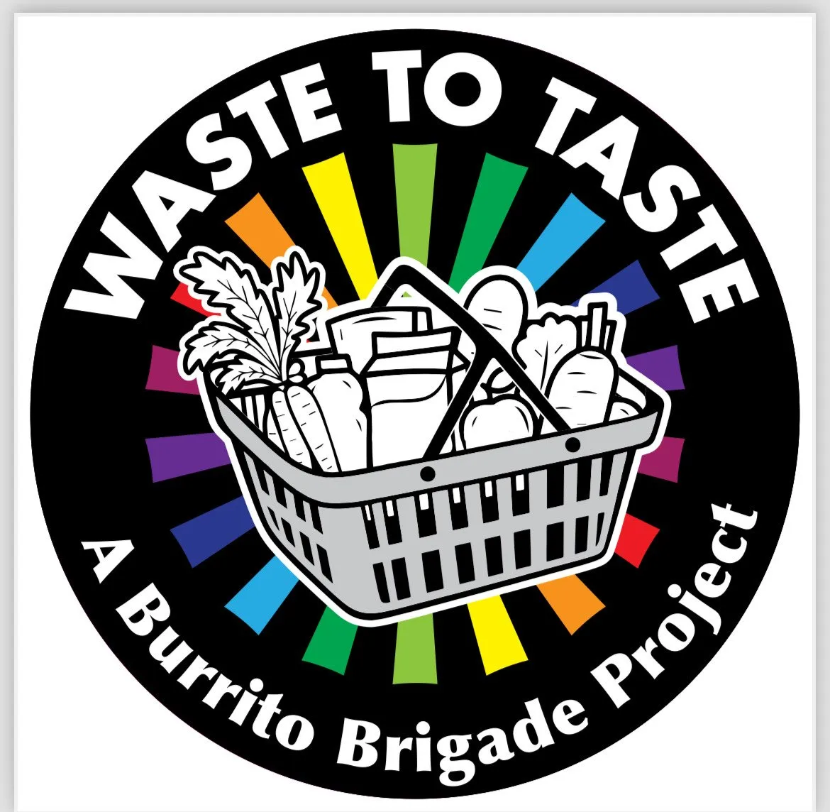 There is a white background with an illustrated carrot in the center of the Waste to Taste logo. The carrot is realistic looking with bright orange skin and white creases in its body, with its greens still attached to the top. In the center of the image the words, "Waste to Taste" are written in black and white font over the top of the carrot.